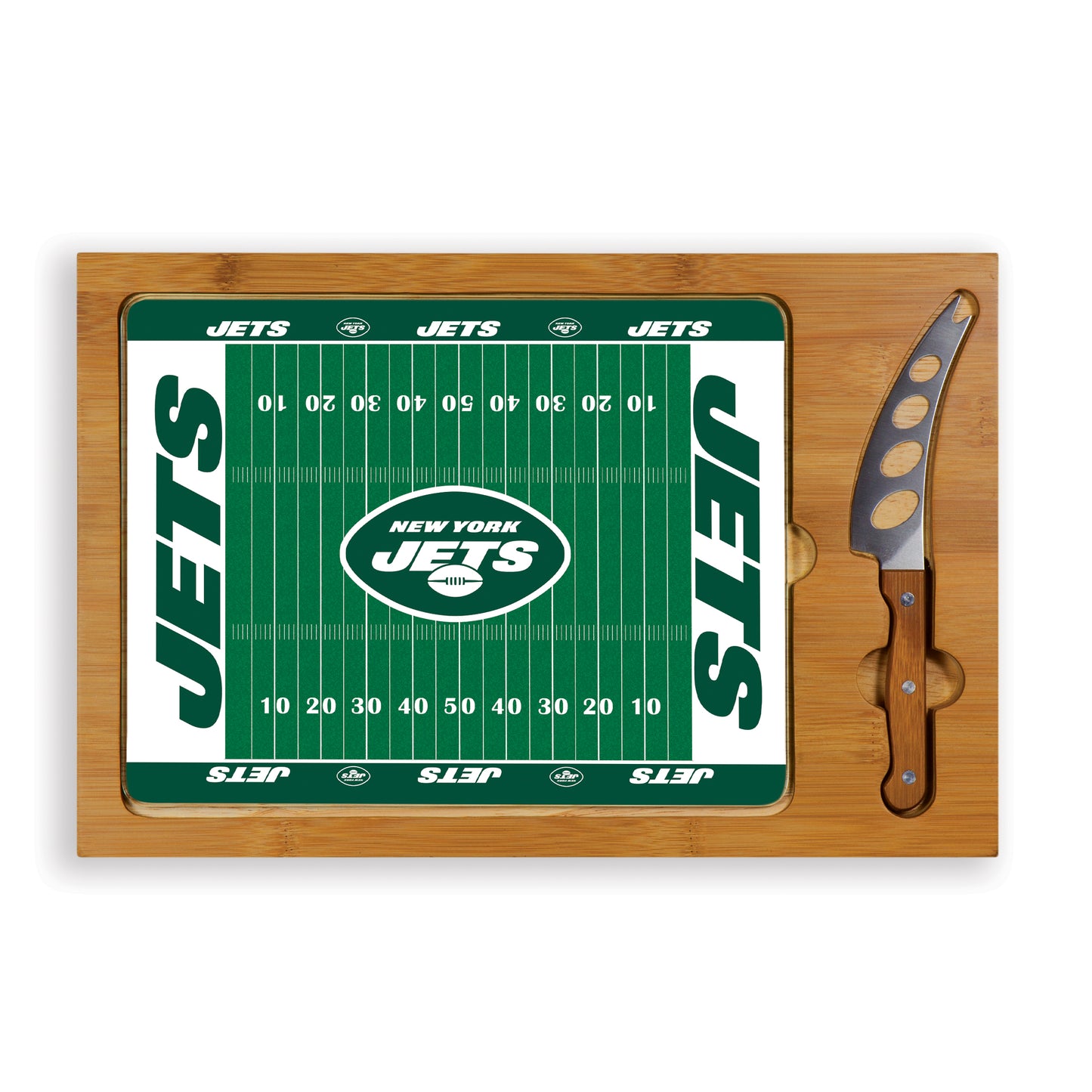 New York Jets - Icon Glass Top Cutting Board & Knife Set - Football Field Style