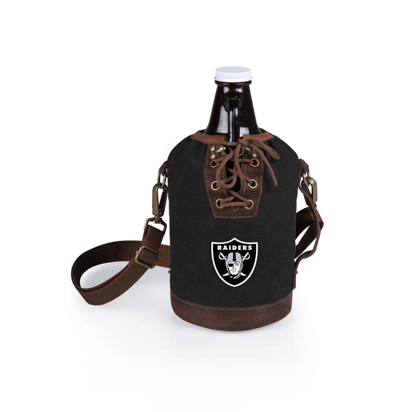 Las Vegas Raiders Insulated Growler Tote with 64 oz. Glass Growler, (Black with Brown Accents & Glass Growler)