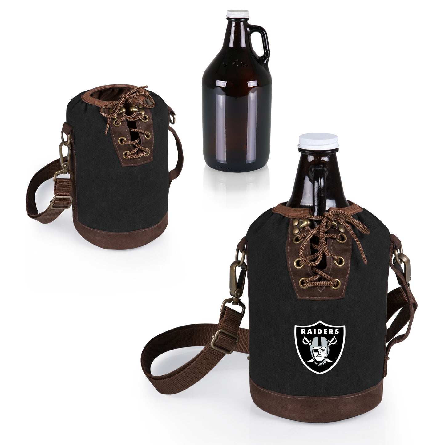 Las Vegas Raiders Insulated Growler Tote with 64 oz. Glass Growler, (Black with Brown Accents & Glass Growler)
