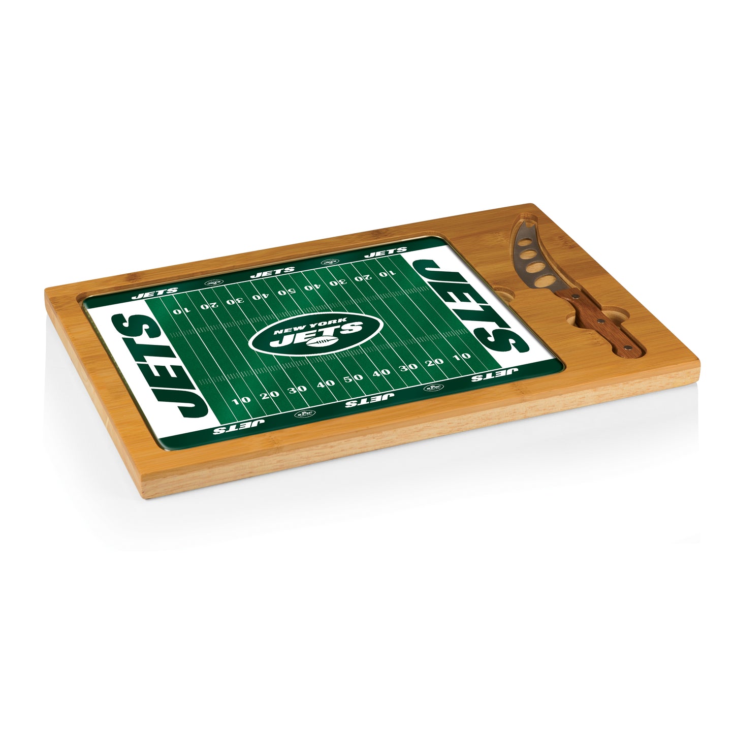 New York Jets - Icon Glass Top Cutting Board & Knife Set - Football Field Style