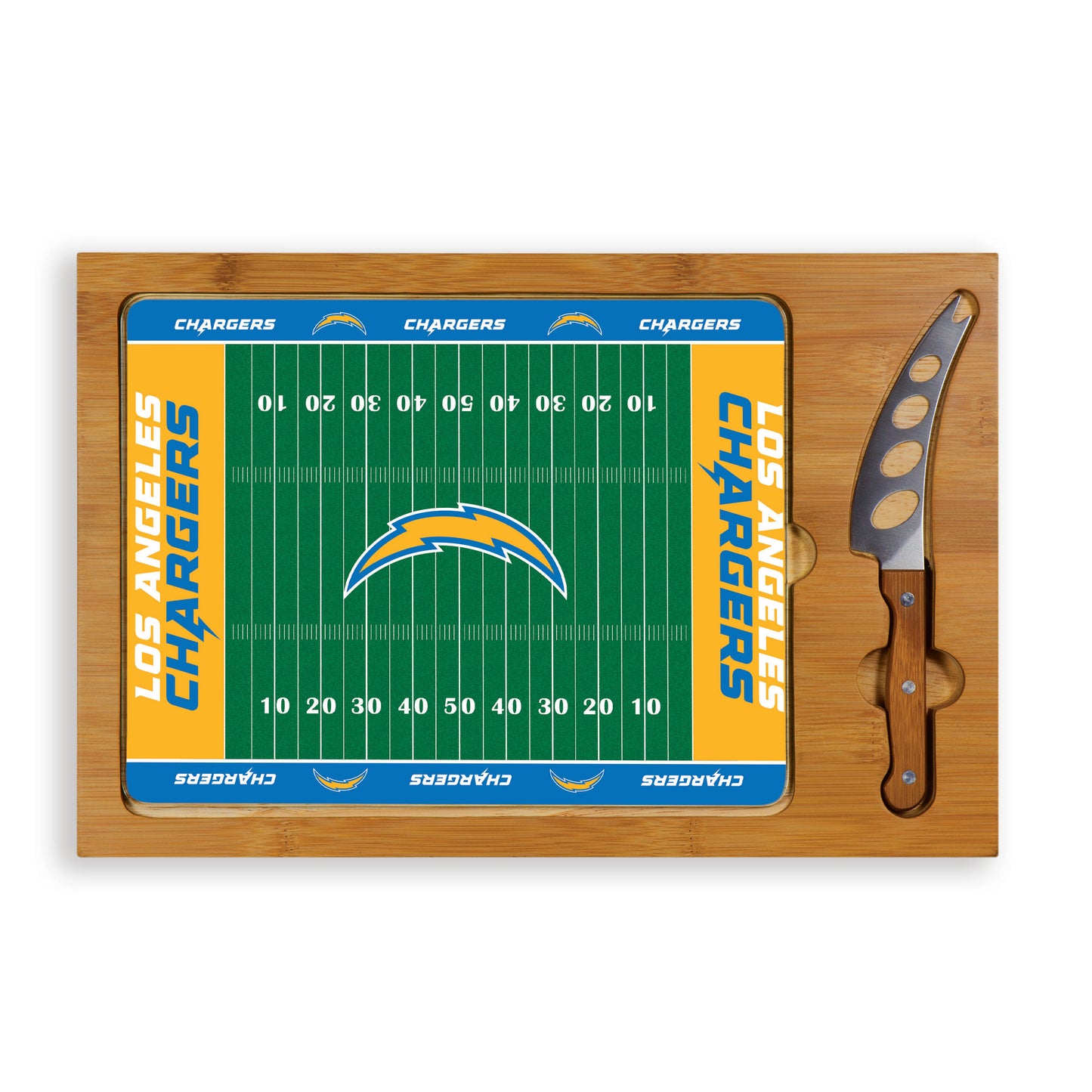 Los Angeles Chargers - Icon Glass Top Cutting Board & Knife Set - Football Field Style